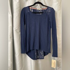 Rewind Deep Blue Lace Accent Long Sleeve Top NWT high low style
